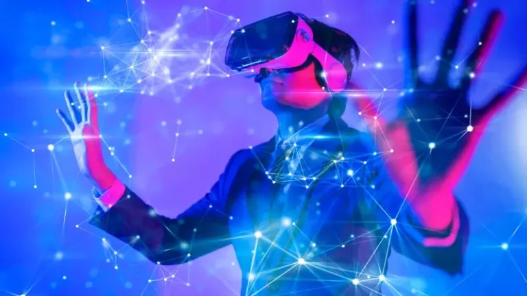 Metaverse digital cyber world technology man with virtual reality VR goggle playing AR augmented reality game and entertainment futuristic lifestyle 768x432